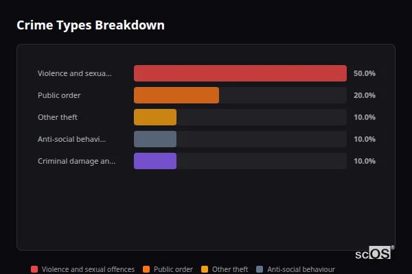 Crime Types Breakdown - Lacey Green and Loosley Row Crime Types Breakdown for Lacey Green and Loosley Row - showing Violence and sexual offences (50%), Public order (20%), Other theft (10%)