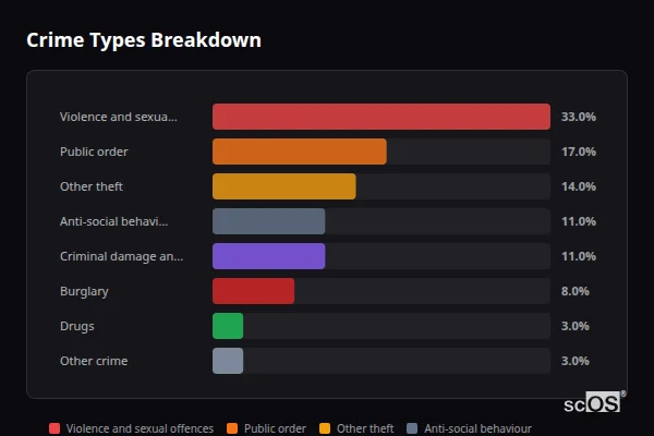 Crime Types Breakdown for Maids Moreton - showing Violence and sexual offences (33%), Public order (17%), Other theft (14%)