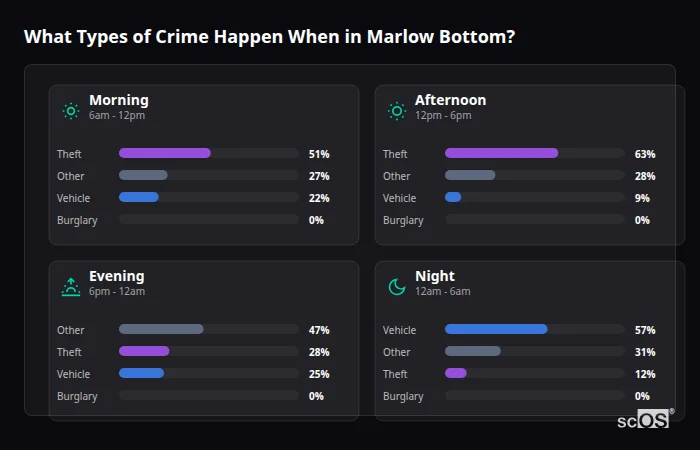 Crime types by time period for Marlow Bottom - showing breakdown of burglary, violence, theft, and vehicle crime by morning, afternoon, evening, and night