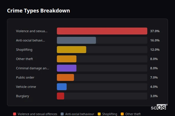 Crime Types Breakdown - Princes Risborough Crime Types Breakdown for Princes Risborough - showing Violence and sexual offences (37%), Anti-social behaviour (16%), Shoplifting (12%)