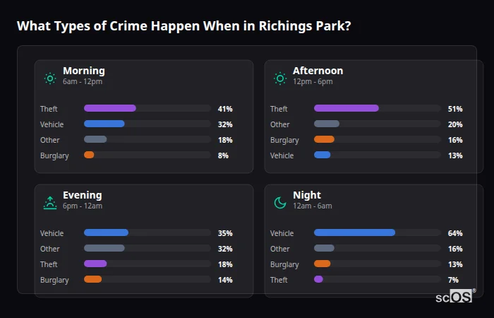 What Types of Crime Happen When in Richings Park? Crime types by time period for Richings Park - showing breakdown of burglary, violence, theft, and vehicle crime by morning, afternoon, evening, and night