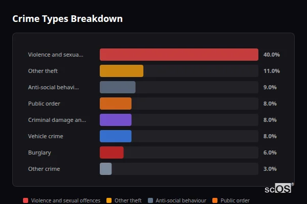 Crime Types Breakdown - Rural Buckinghamshire Crime Types Breakdown for Rural Buckinghamshire - showing Violence and sexual offences (40%), Other theft (11%), Anti-social behaviour (9%)