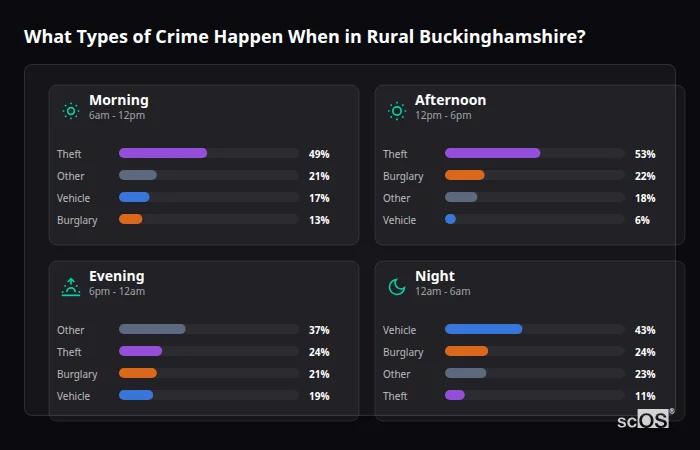 What Types of Crime Happen When in Rural Buckinghamshire? Crime types by time period for Rural Buckinghamshire - showing breakdown of burglary, violence, theft, and vehicle crime by morning, afternoon, evening, and night