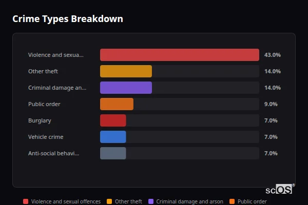 Crime Types Breakdown - Seer Green Crime Types Breakdown for Seer Green - showing Violence and sexual offences (43%), Other theft (14%), Criminal damage and arson (14%)