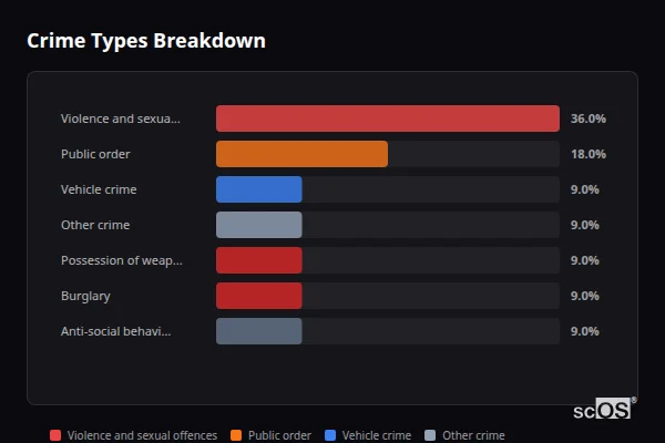 Crime Types Breakdown for Speen - showing Violence and sexual offences (36%), Public order (18%), Vehicle crime (9%)
