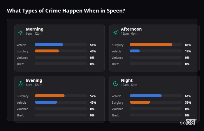 Crime types by time period for Speen - showing breakdown of burglary, violence, theft, and vehicle crime by morning, afternoon, evening, and night