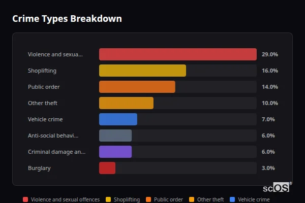 Crime Types Breakdown - Taplow Crime Types Breakdown for Taplow - showing Violence and sexual offences (29%), Shoplifting (16%), Public order (14%)