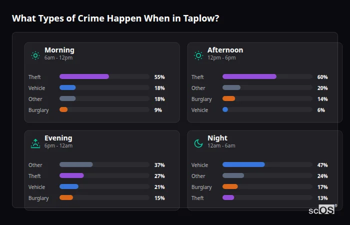 What Types of Crime Happen When in Taplow? Crime types by time period for Taplow - showing breakdown of burglary, violence, theft, and vehicle crime by morning, afternoon, evening, and night