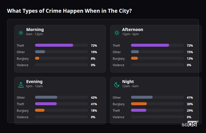 Crime types by time period for The City - showing breakdown of burglary, violence, theft, and vehicle crime by morning, afternoon, evening, and night