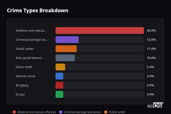 Crime Types Breakdown - Waddesdon Crime Types Breakdown for Waddesdon - showing Violence and sexual offences (46%), Criminal damage and arson (12%), Public order (11%)