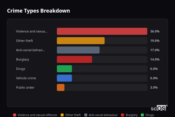 Crime Types Breakdown for Rural Burnley - showing Violence and sexual offences (36%), Other theft (19%), Anti-social behaviour (17%)