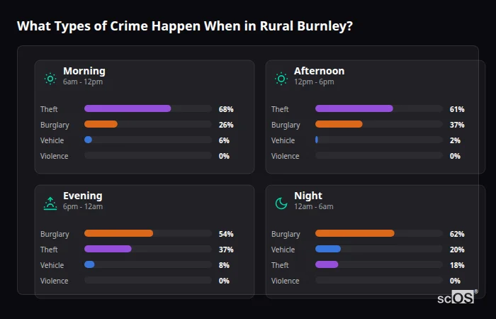 Crime types by time period for Rural Burnley - showing breakdown of burglary, violence, theft, and vehicle crime by morning, afternoon, evening, and night