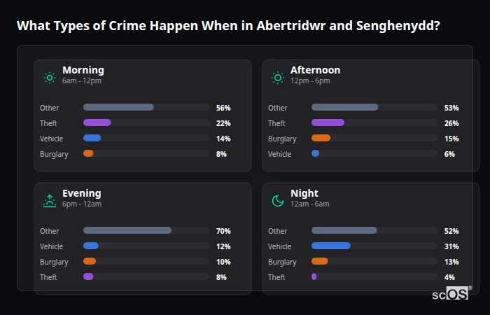 Crime types by time period for Abertridwr and Senghenydd - showing breakdown of burglary, violence, theft, and vehicle crime by morning, afternoon, evening, and night