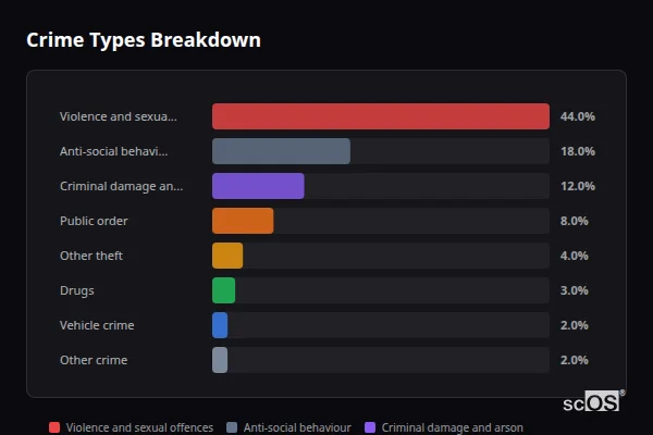 Crime Types Breakdown for Bedwas - showing Violence and sexual offences (44%), Anti-social behaviour (18%), Criminal damage and arson (12%)