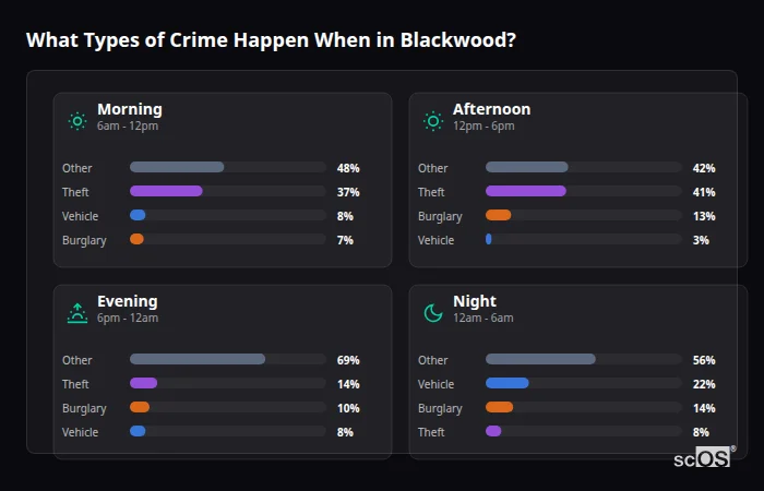 What Types of Crime Happen When in Blackwood? Crime types by time period for Blackwood - showing breakdown of burglary, violence, theft, and vehicle crime by morning, afternoon, evening, and night