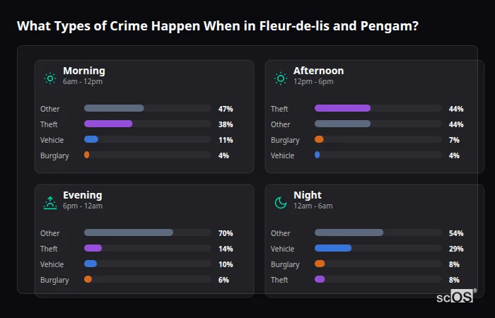 Crime types by time period for Fleur-de-lis and Pengam - showing breakdown of burglary, violence, theft, and vehicle crime by morning, afternoon, evening, and night