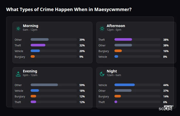 Crime types by time period for Maesycwmmer - showing breakdown of burglary, violence, theft, and vehicle crime by morning, afternoon, evening, and night