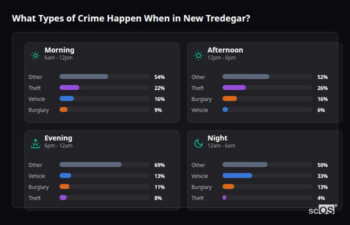 Crime types by time period for New Tredegar - showing breakdown of burglary, violence, theft, and vehicle crime by morning, afternoon, evening, and night