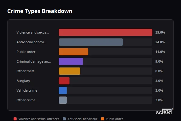Crime Types Breakdown for Newbridge - showing Violence and sexual offences (35%), Anti-social behaviour (24%), Public order (11%)