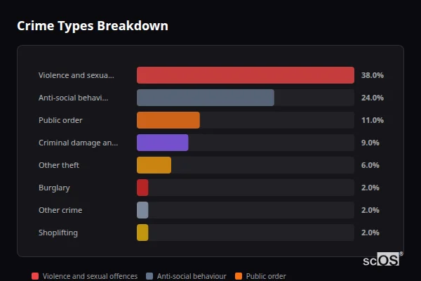 Crime Types Breakdown for Risca - showing Violence and sexual offences (38%), Anti-social behaviour (24%), Public order (11%)