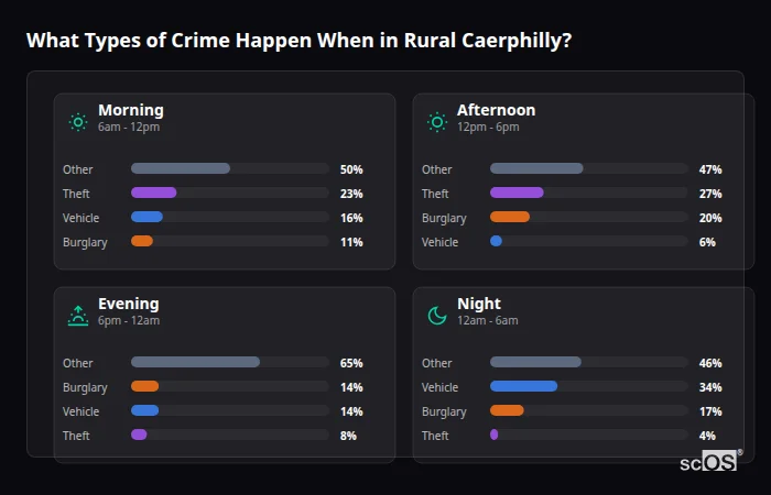 Crime types by time period for Rural Caerphilly - showing breakdown of burglary, violence, theft, and vehicle crime by morning, afternoon, evening, and night