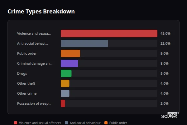 Crime Types Breakdown for Trinant - showing Violence and sexual offences (45%), Anti-social behaviour (22%), Public order (9%)
