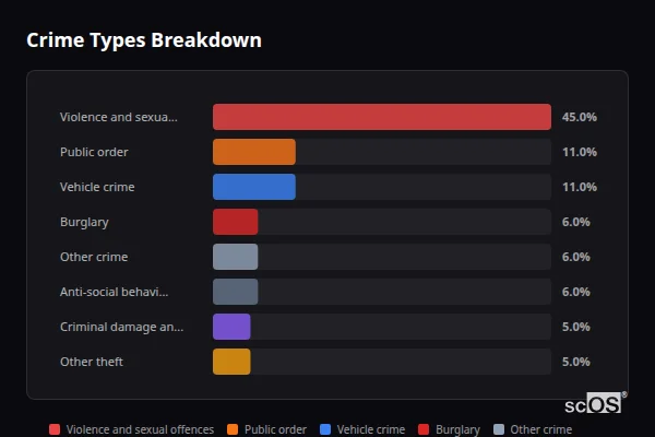 Crime Types Breakdown - Luddenden Foot Crime Types Breakdown for Luddenden Foot - showing Violence and sexual offences (45%), Public order (11%), Vehicle crime (11%)