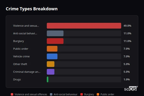 Crime Types Breakdown for Outlane - showing Violence and sexual offences (49%), Anti-social behaviour (11%), Burglary (11%)