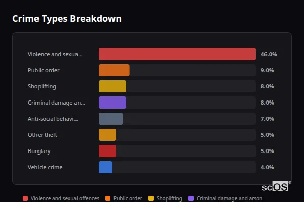 Crime Types Breakdown - Todmorden Crime Types Breakdown for Todmorden - showing Violence and sexual offences (46%), Public order (9%), Shoplifting (8%)