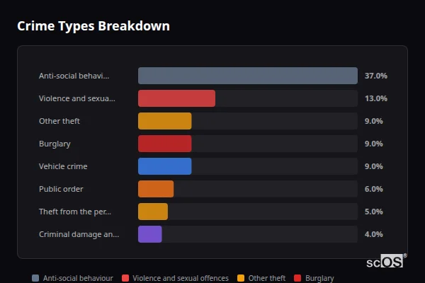 Crime Types Breakdown for Rural Camden - showing Anti-social behaviour (37%), Violence and sexual offences (13%), Other theft (9%)