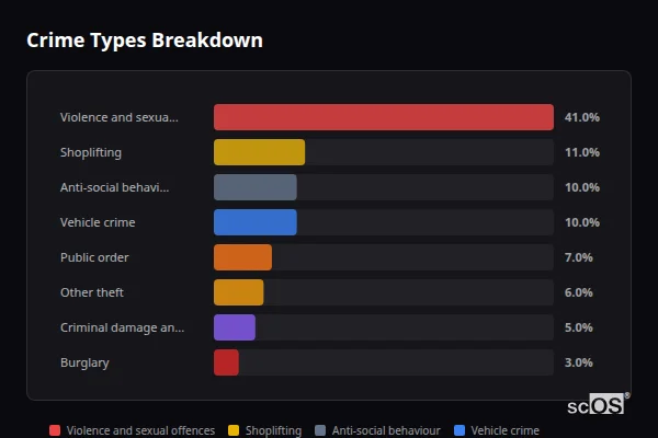 Crime Types Breakdown for Norton Canes - showing Violence and sexual offences (41%), Shoplifting (11%), Anti-social behaviour (10%)