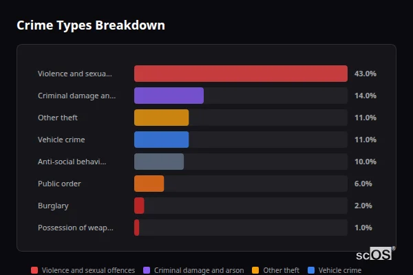 Crime Types Breakdown for Bridge - showing Violence and sexual offences (43%), Criminal damage and arson (14%), Other theft (11%)