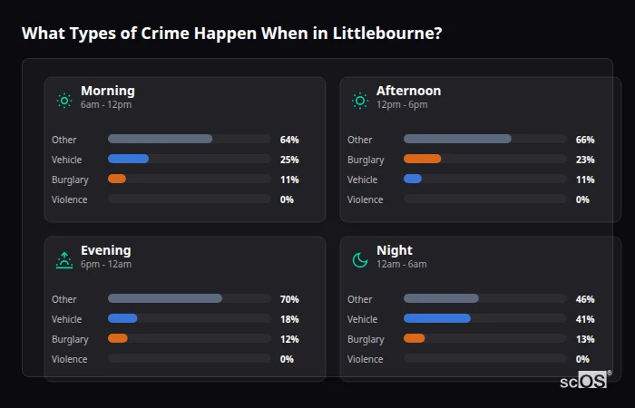 What Types of Crime Happen When in Littlebourne? Crime types by time period for Littlebourne - showing breakdown of burglary, violence, theft, and vehicle crime by morning, afternoon, evening, and night