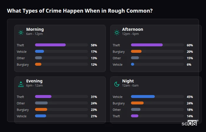 What Types of Crime Happen When in Rough Common? Crime types by time period for Rough Common - showing breakdown of burglary, violence, theft, and vehicle crime by morning, afternoon, evening, and night