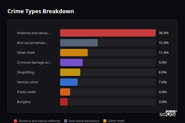 Crime Types Breakdown for Rural Canterbury - showing Violence and sexual offences (38%), Anti-social behaviour (15%), Other theft (11%)