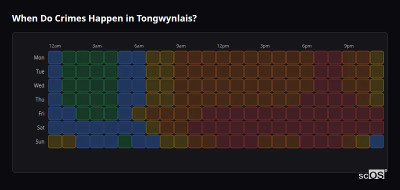 Crime time heatmap for Tongwynlais - showing when crimes are most likely to occur by day and hour