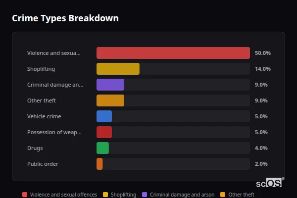 Crime Types Breakdown for Dalston - showing Violence and sexual offences (50%), Shoplifting (14%), Criminal damage and arson (9%)