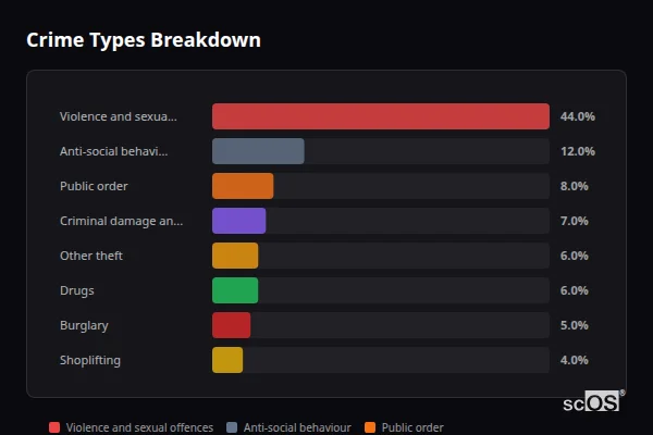 Crime Types Breakdown for Ammanford - showing Violence and sexual offences (44%), Anti-social behaviour (12%), Public order (8%)