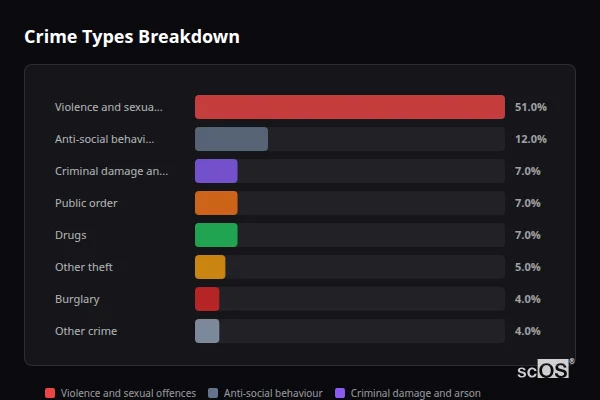 Crime Types Breakdown for Burry Port - showing Violence and sexual offences (51%), Anti-social behaviour (12%), Criminal damage and arson (7%)