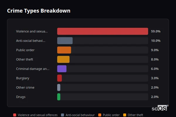 Crime Types Breakdown for Capel Hendre - showing Violence and sexual offences (59%), Anti-social behaviour (10%), Public order (9%)