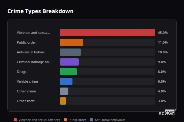 Crime Types Breakdown for Hendy and Fforest - showing Violence and sexual offences (45%), Public order (11%), Anti-social behaviour (10%)