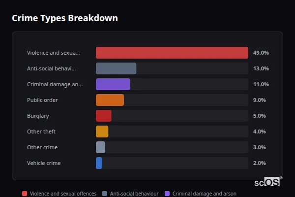 Crime Types Breakdown - Kidwelly Crime Types Breakdown for Kidwelly - showing Violence and sexual offences (49%), Anti-social behaviour (13%), Criminal damage and arson (11%)