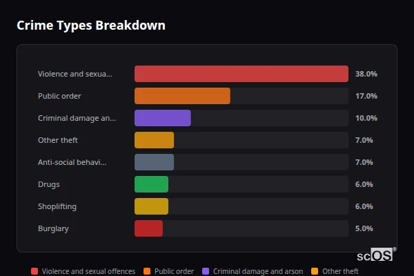 Crime Types Breakdown for Llandeilo - showing Violence and sexual offences (38%), Public order (17%), Criminal damage and arson (10%)