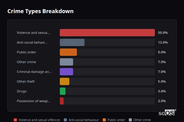 Crime Types Breakdown - Llanybydder Crime Types Breakdown for Llanybydder - showing Violence and sexual offences (50%), Anti-social behaviour (13%), Public order (9%)