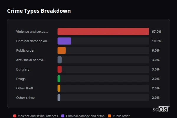 Crime Types Breakdown for Pembrey - showing Violence and sexual offences (67%), Criminal damage and arson (10%), Public order (6%)
