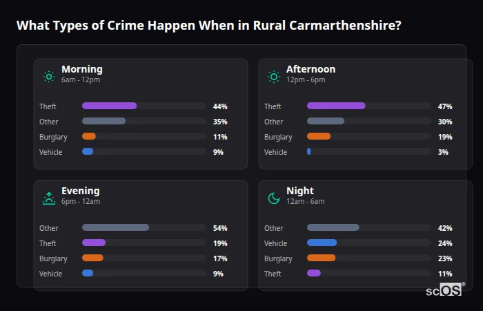 What Types of Crime Happen When in Rural Carmarthenshire? Crime types by time period for Rural Carmarthenshire - showing breakdown of burglary, violence, theft, and vehicle crime by morning, afternoon, evening, and night