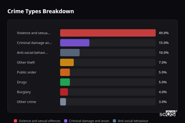 Crime Types Breakdown - Trimsaran Crime Types Breakdown for Trimsaran - showing Violence and sexual offences (49%), Criminal damage and arson (15%), Anti-social behaviour (10%)