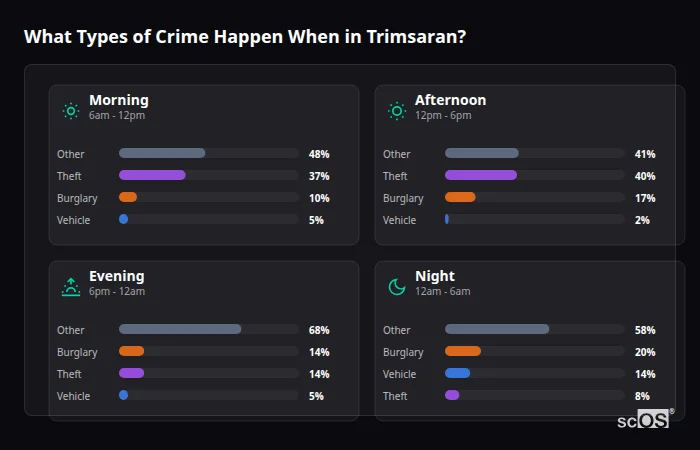 What Types of Crime Happen When in Trimsaran? Crime types by time period for Trimsaran - showing breakdown of burglary, violence, theft, and vehicle crime by morning, afternoon, evening, and night