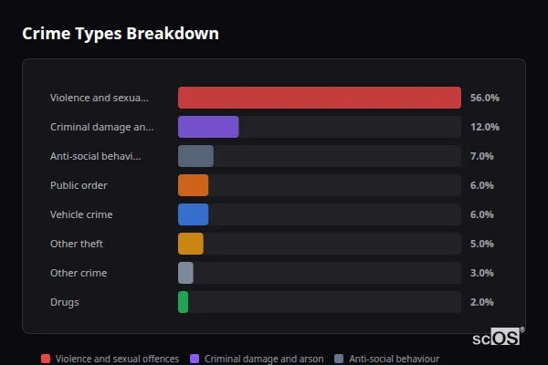 Crime Types Breakdown for Tumble - showing Violence and sexual offences (56%), Criminal damage and arson (12%), Anti-social behaviour (7%)
