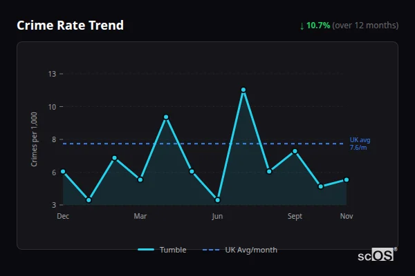 Crime Rate Trend for Tumble - showing 10.7% decrease over 12 months